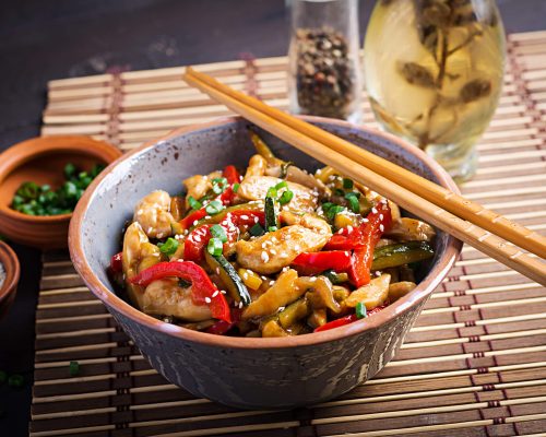 stir-fry-chicken-zucchini-sweet-peppers-green-onion-with-chopsticks-scaled